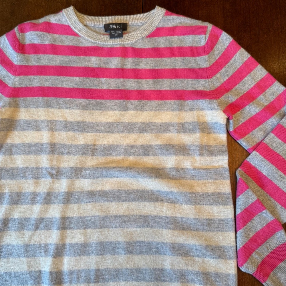 Pure Amici Sweater Womens XS Pink Grey Striped 100% Cashmere Crew Neck Pullover